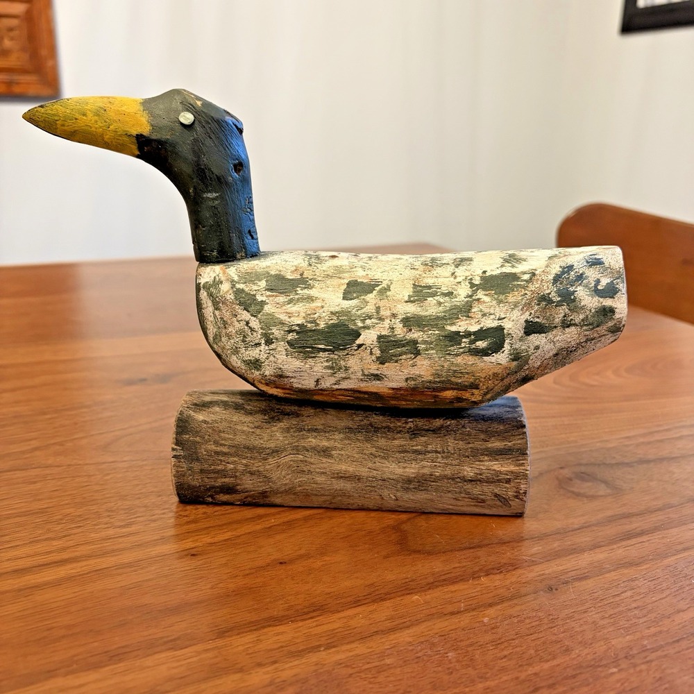 Hand Carved Wooden Duck Figurine Rustic Folk Art Nail Eyes Cabin Decor